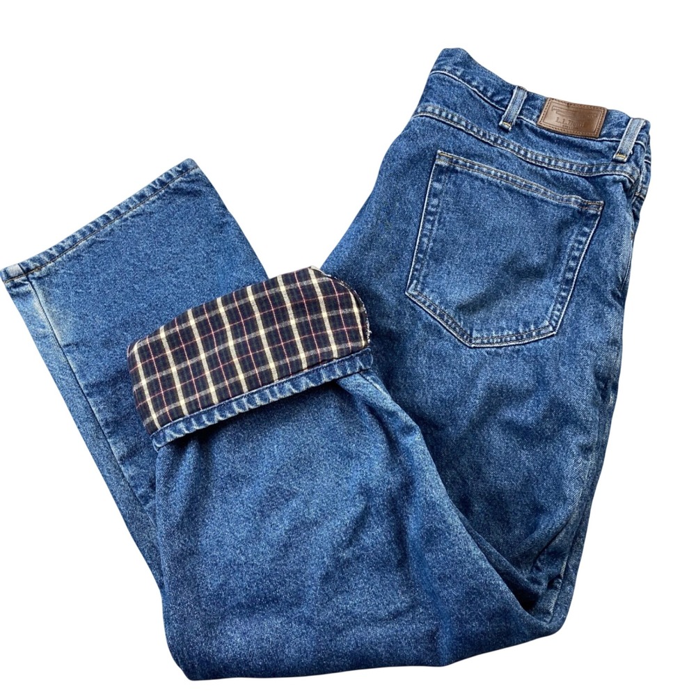 Vintage LL Bean Flannel Lined Jeans Mens 40x30 Blue 1990s Relaxed Fit Plaid